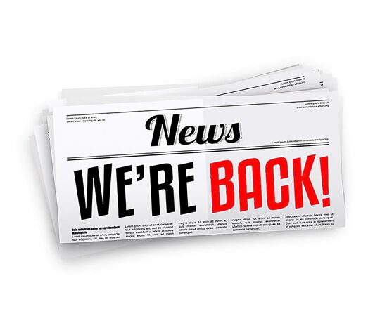 A stack of newspapers with the words " news we 're back !" on them.