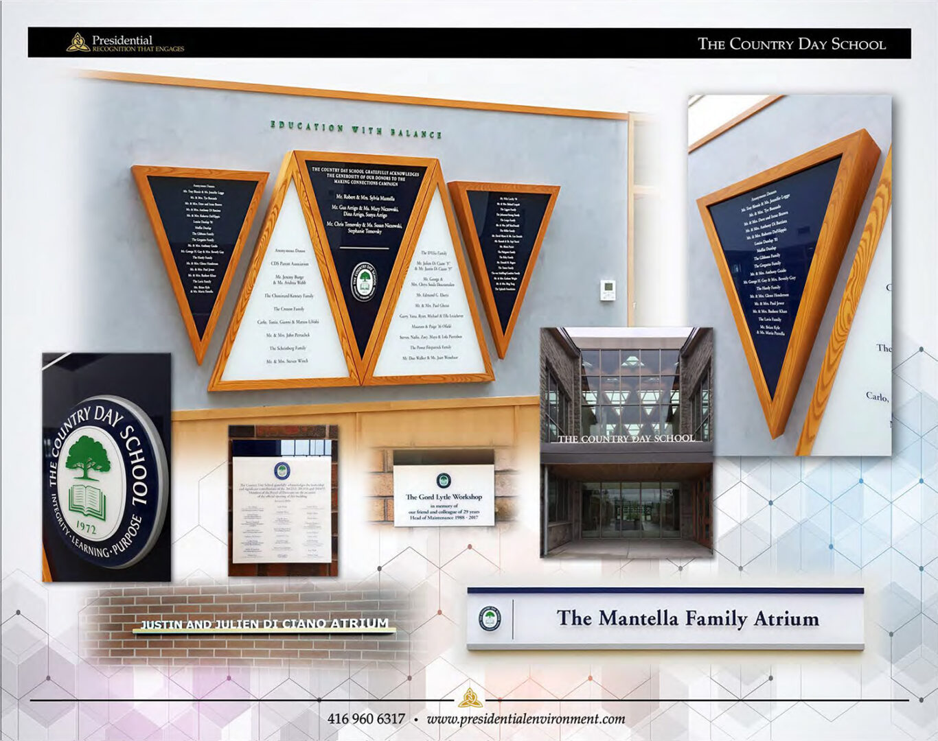A collage of different types of plaques mounted to the wall.